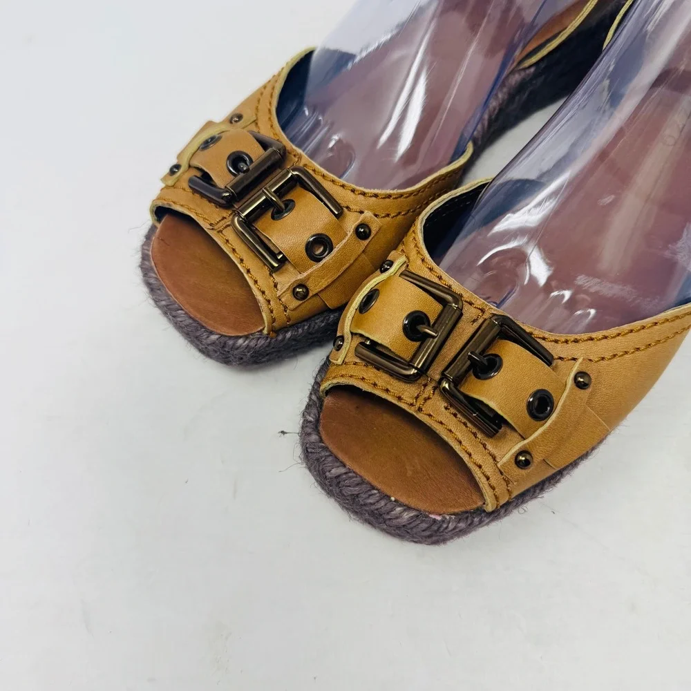 Apepazza Tan Leather Wedge Elba Espadrille Sandals Buckle Ankle Strap Size 8.5